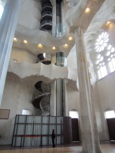 The circular elevator and stairs to the towers