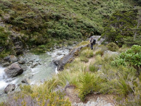 jay hiked down to soak his legs in the freezing water